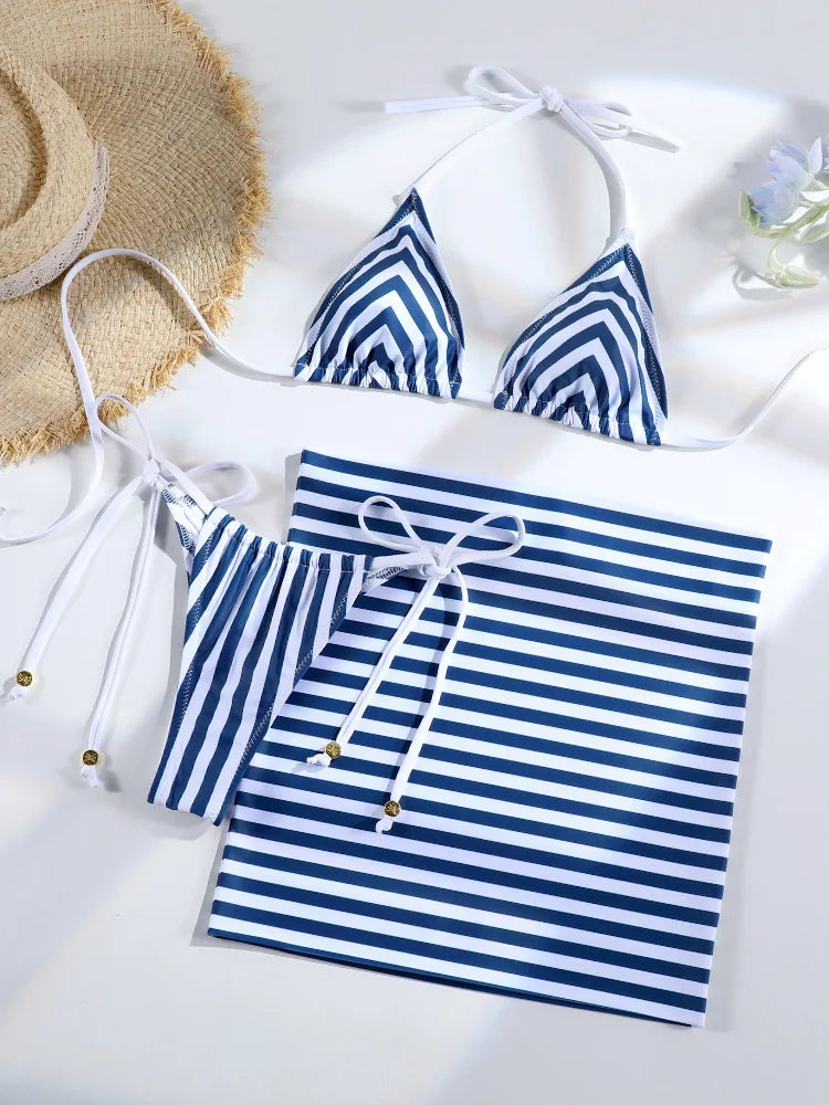 Miyouj Gingham Bathsuit Triangle Bikini Set Women Three Piece Suit Sexy Beach Wrap Solid  Beachwear 2025 Bikinis Halter Swimwear