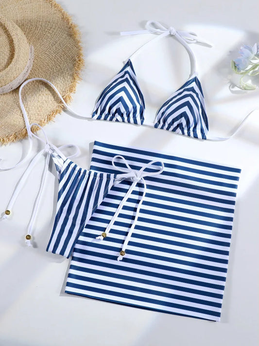 Miyouj Gingham Bathsuit Triangle Bikini Set Women Three Piece Suit Sexy Beach Wrap Solid  Beachwear 2025 Bikinis Halter Swimwear