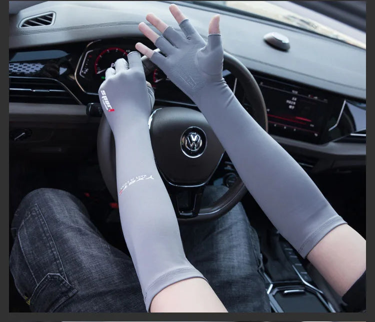 Ice Silk Sleeves Women Summer Sun Protection Men Fishing Cycling Breathable Two-Finger Non-Slip Gloves Arm Warmer Driving Sleeve