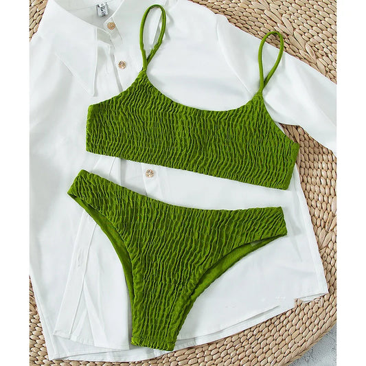 Sexy Triangle Bathing Suit for Women Vintage Pleated Suspender Push Up Bikini Summer 2025 New Simple Solid Swimwear Bikinis Sets