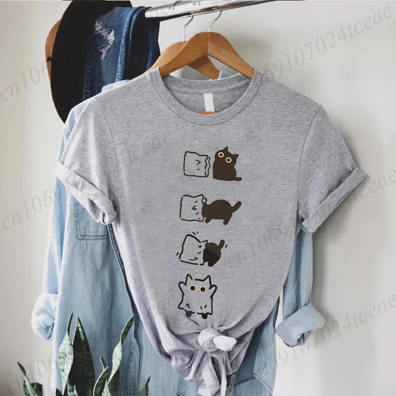 Boo Black Cat Print Women T-shirt Fashion Summer Tee Clothing Short Sleeve Harajuku Streetwear Casual Shirt Halloween Tee Tops