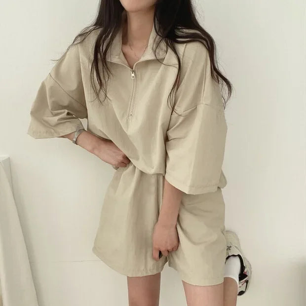 Korean Style Women's Summer Casual Sports Sun Protection Suit Two-Piece Set Workwear Jacket Shorts Polyester Fiber