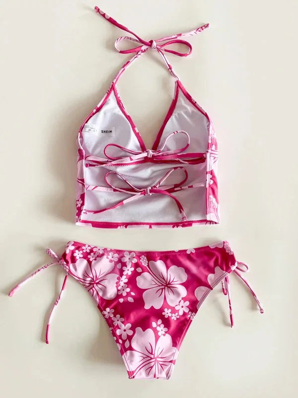 Sexy Yellow Floral Print Bikinis Set Women Halter Push Up Crop Top Swimsuit 2025 Beach Bathing Suit Lace Up High Waist Swimwear