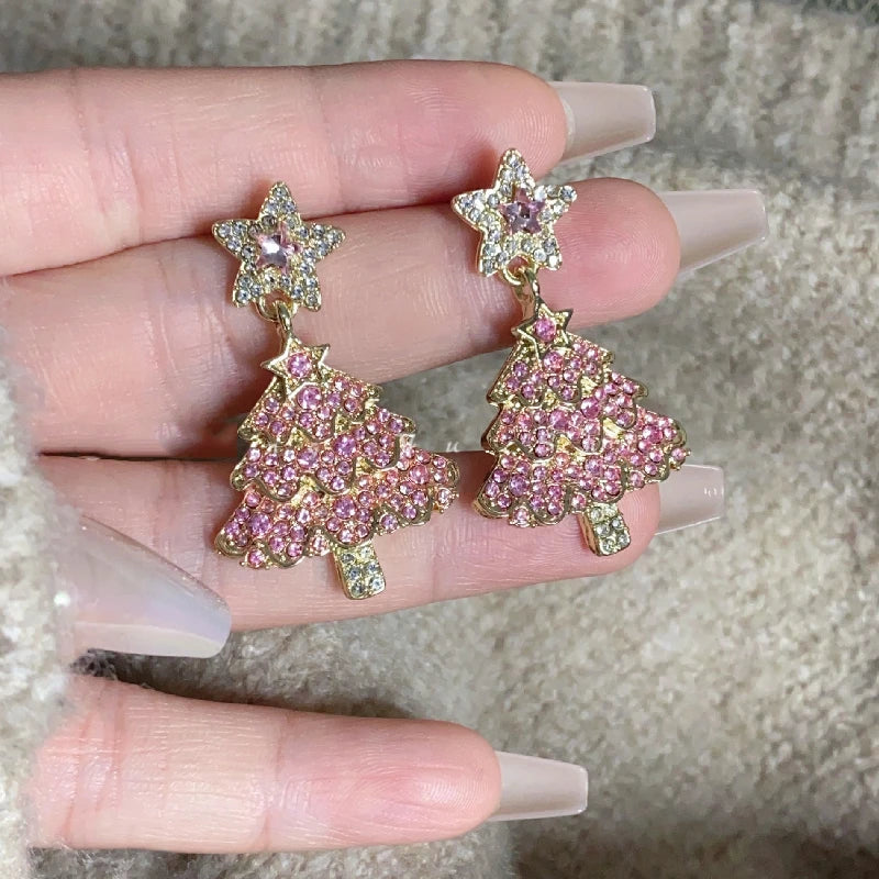 Shiny Pink Colorful Christmas Tree Zircon Crystal Earrings For Women Star Silver Color Stud Dangle Jewelry Xmas Party Gift