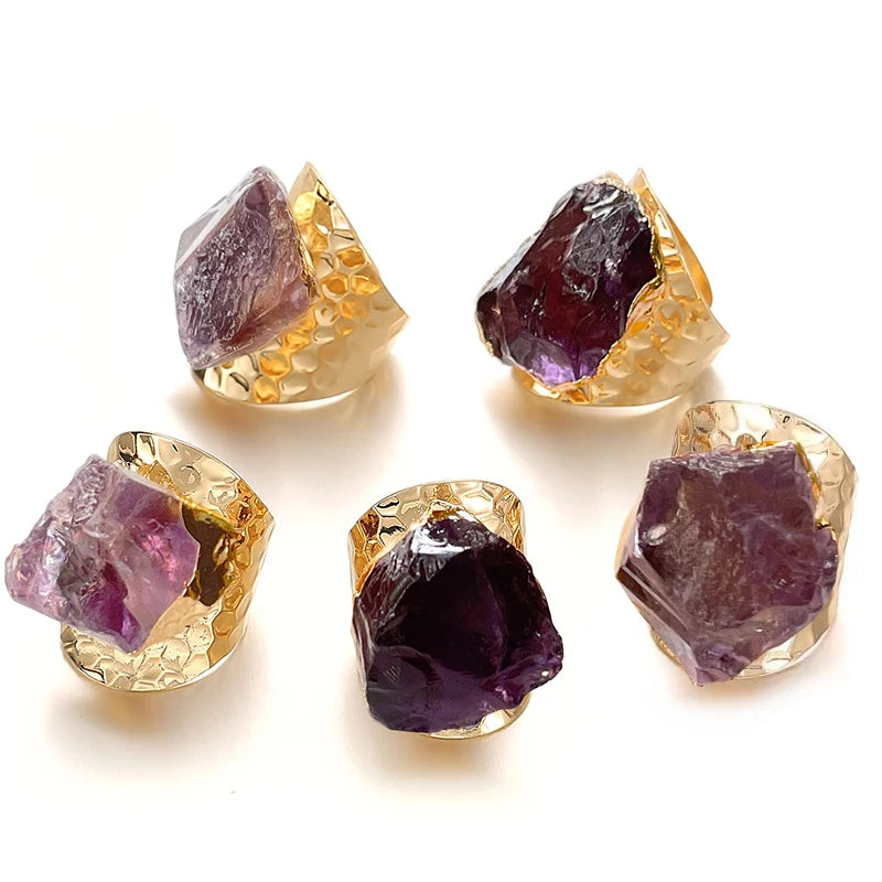 Irregular Genuine Stone Adjustable Ring for Women Golden Handmade Rough Amethyst Finger Jewelry