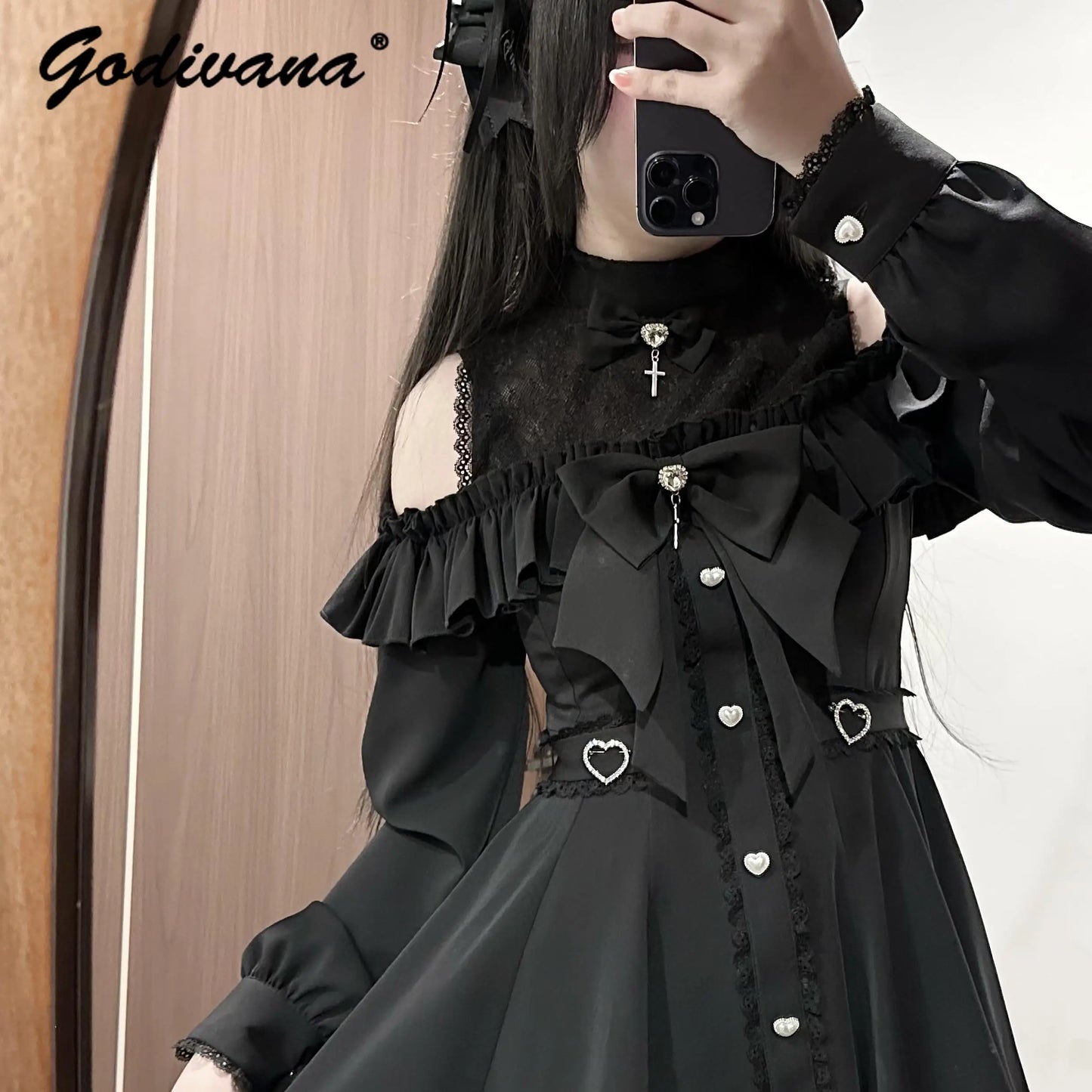 Japanese Mass-produced Off-the-shoulder Lace Splicing Long-sleeved Bow Shirt Dress and Shorts 2 Piece Dress Set Lolita Outfits