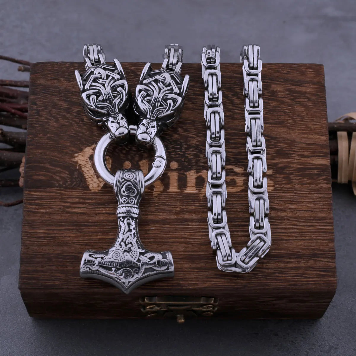 Viking Stainless Steel Wolf Head Thor's Hammer Set Necklace Punk Men's Nordic Fashion Jewelry Gift Necklace