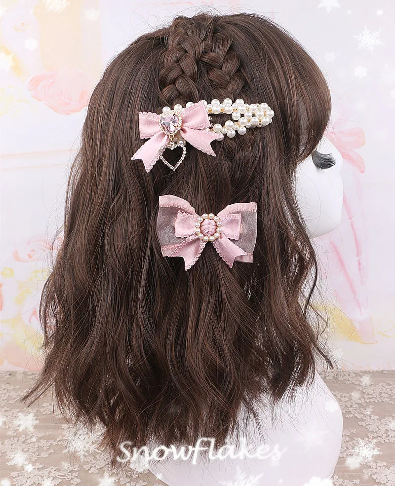 Cute Sweet Japanese Lolita Barrettes Hairpin Mine Pearl Bow Rhinestone Love Heart A Pair Of Hairclips Side Clip Hair Accessories