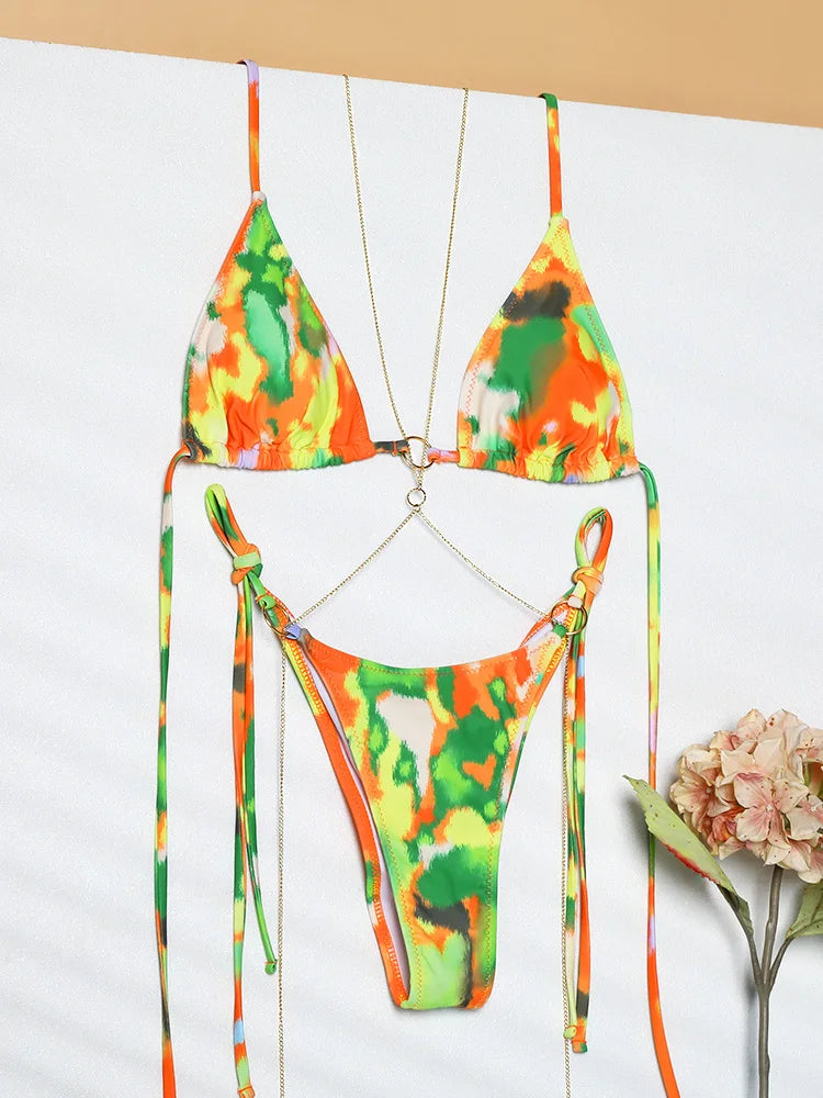 Miyouj 2025 Tie Dye Bikini Set Triangle Bathwear New Three Piece Suit Low Waist Biquini Summer Cover Up Women's Bandage Swimsuit