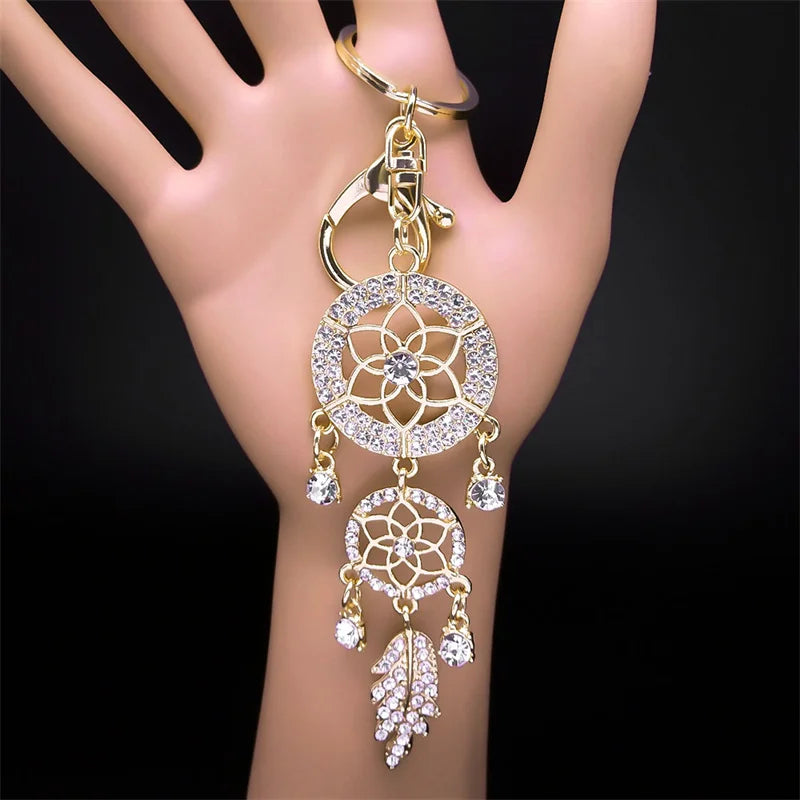 Aesthetic Dream Catcher Key Chain for Women Men Rhinestone Metal Gold Color Y2K Girl Dreamcatcher Keyring Jewelry K9017S02