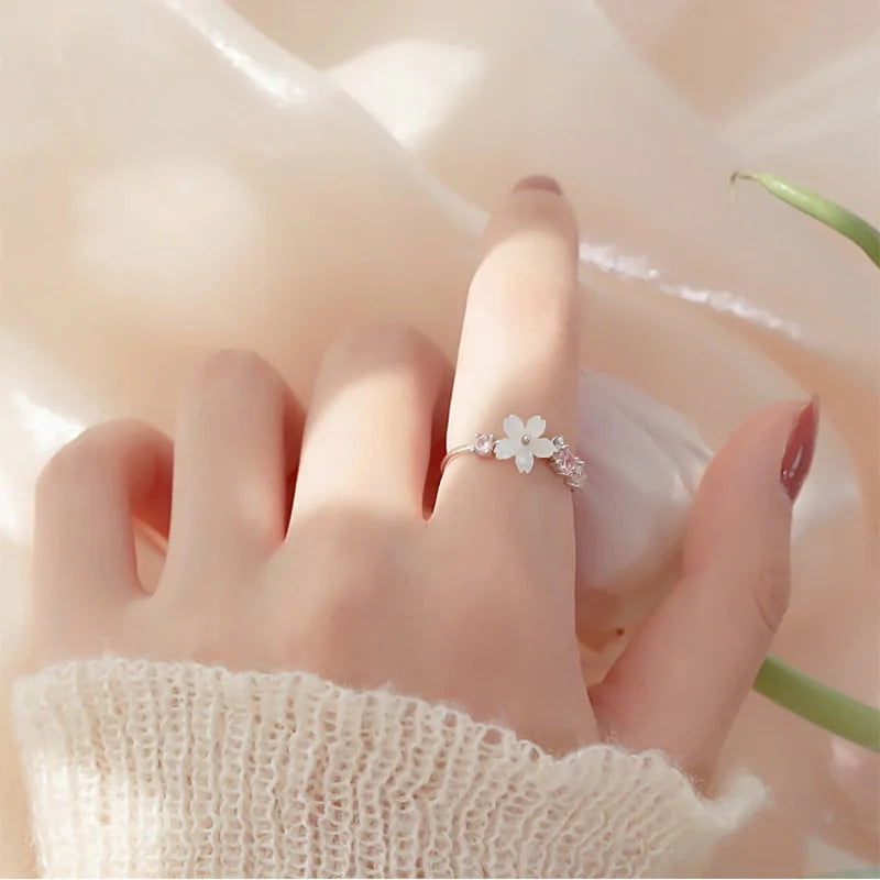 Vintage Rose Flower Rings For Women Korean Style Adjustable  Sakura Princess Finger Ring Bride Wedding Engagement Party Jewelry