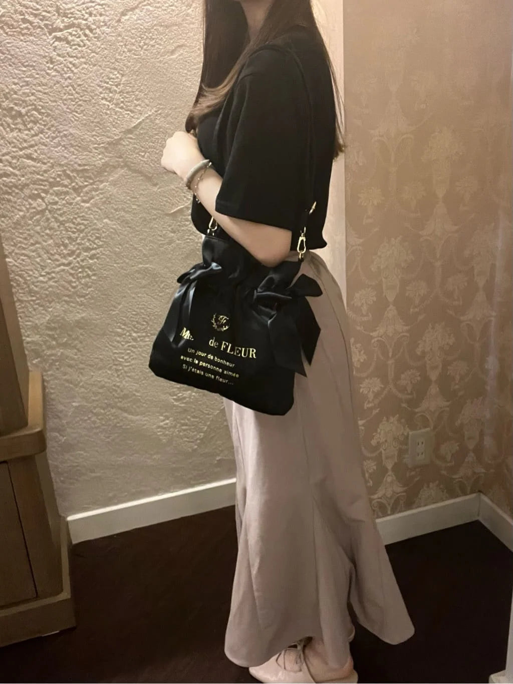 Japanese New Satin Double Bow Portable Shoulder Crossbody Women Bags with Long Shoulder Straps Sweet Letters Tote Bags