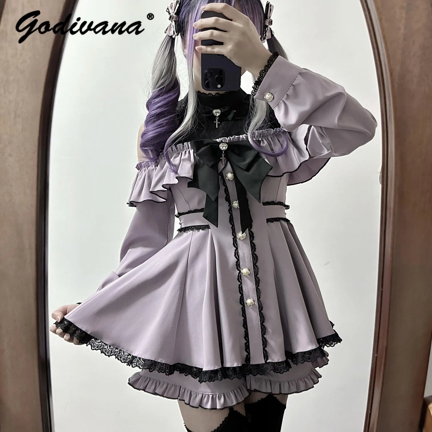 Japanese Mass-produced Off-the-shoulder Lace Splicing Long-sleeved Bow Shirt Dress and Shorts 2 Piece Dress Set Lolita Outfits
