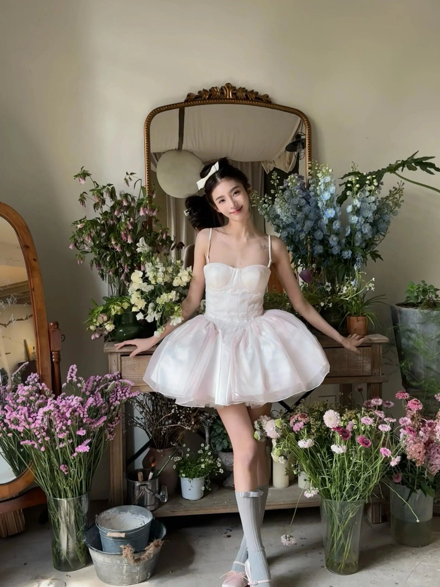 French Style Flower Wedding Dress Lolita Sweet Girl Women Fairy Tube Top Sling Dress with Long Cardigan Birthday Princess Dress