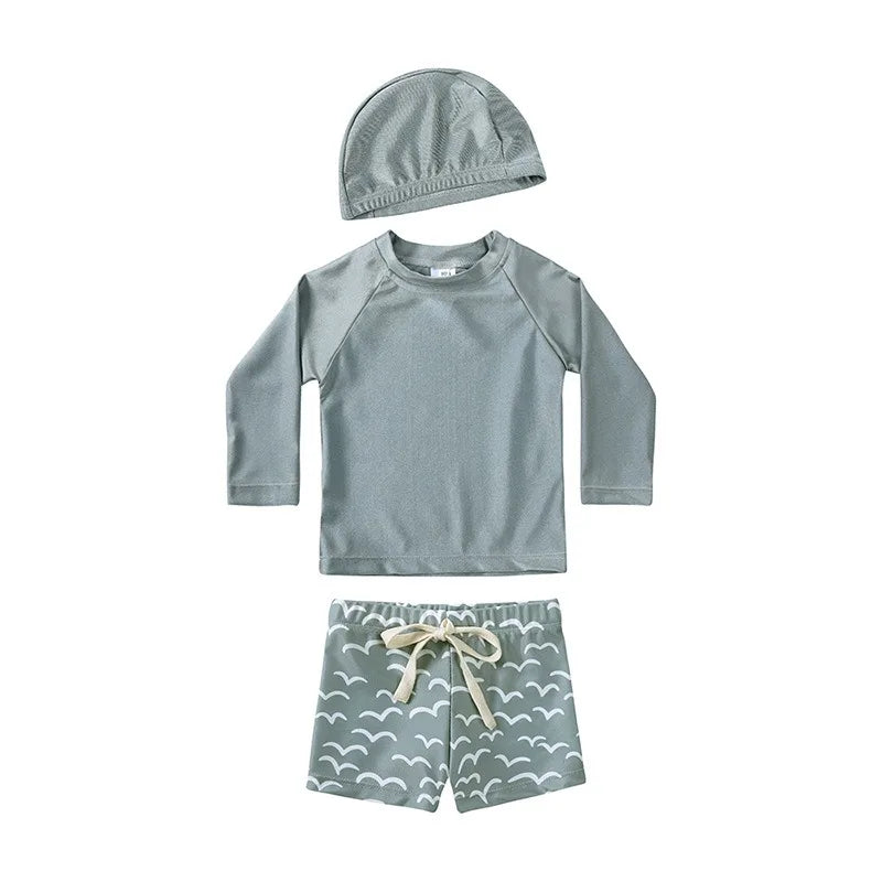 2025 Summer Kids Boy Swimsuits Sun Protection Vacation Beach Pants Long sleeve Tops with Hat Children Surfing Swim Suit 1-7T