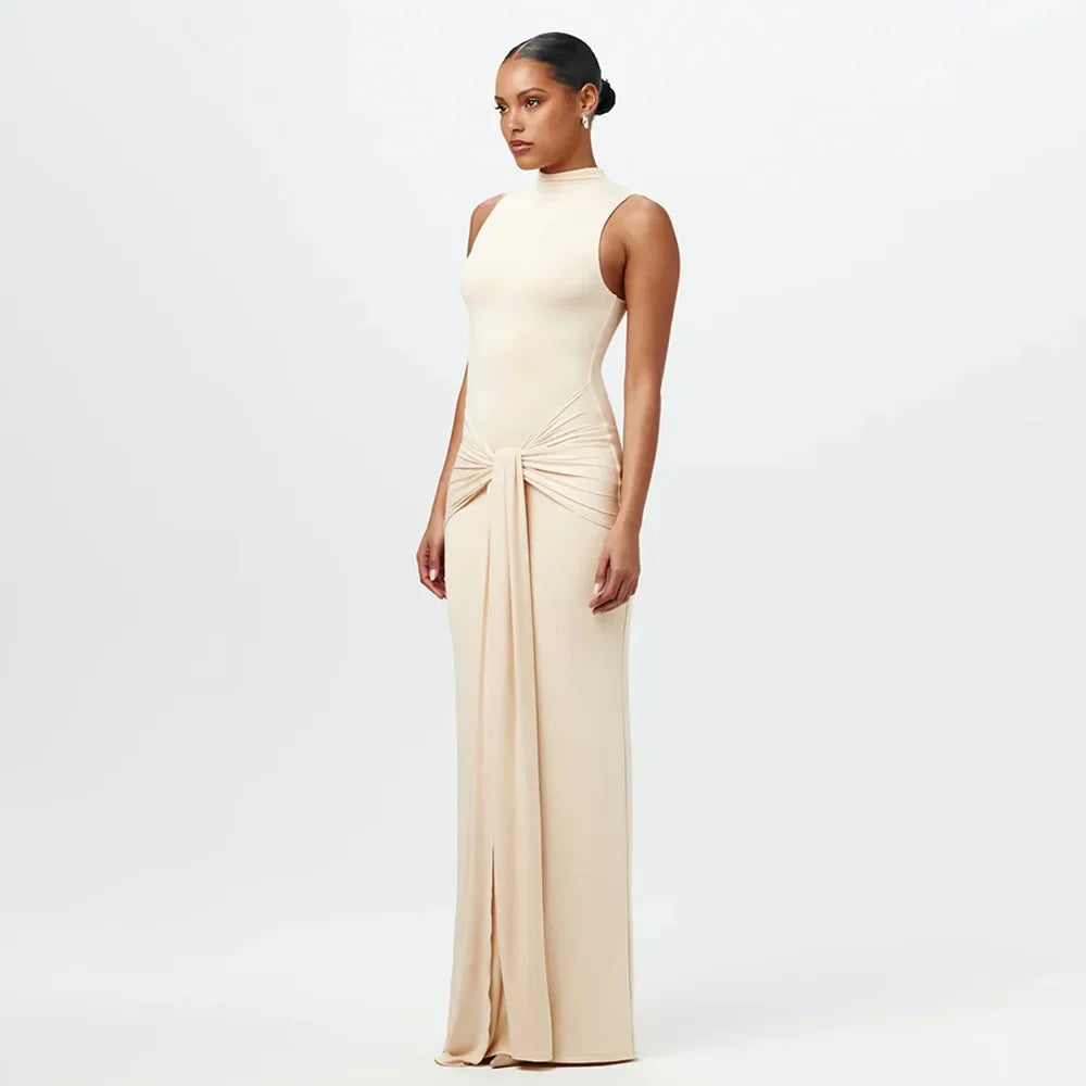 Slim Fit Wrap around Midriff Baring Sleeveless round Neck Dress for Women in Autumn And Winter Pure Color with Belt Detail