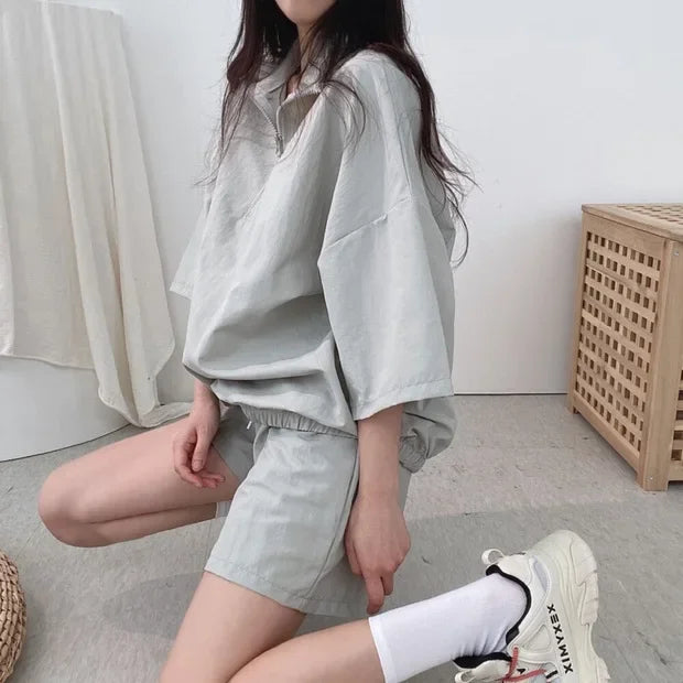 Korean Style Women's Summer Casual Sports Sun Protection Suit Two-Piece Set Workwear Jacket Shorts Polyester Fiber