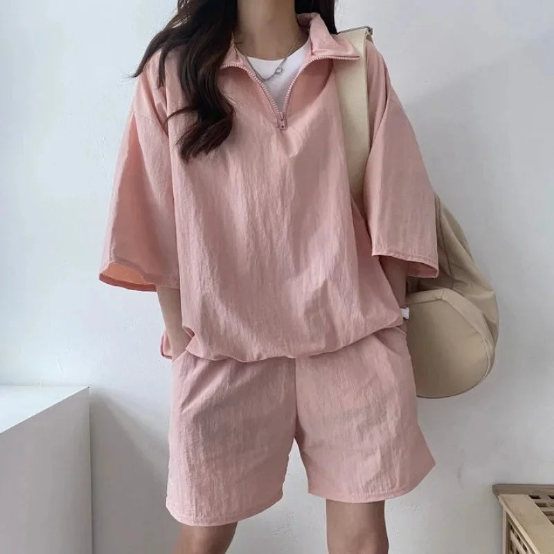 Korean Style Women's Summer Casual Sports Sun Protection Suit Two-Piece Set Workwear Jacket Shorts Polyester Fiber