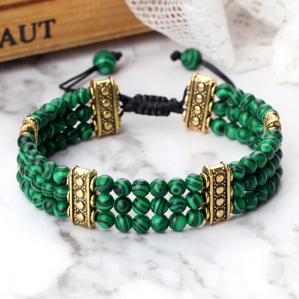 Natural Stone Beads Bracelet 4mm Malachite Black Lava Yoga Energy Hot Couple For Women Men Jewelry Braided Rope Knot Bangle Gift