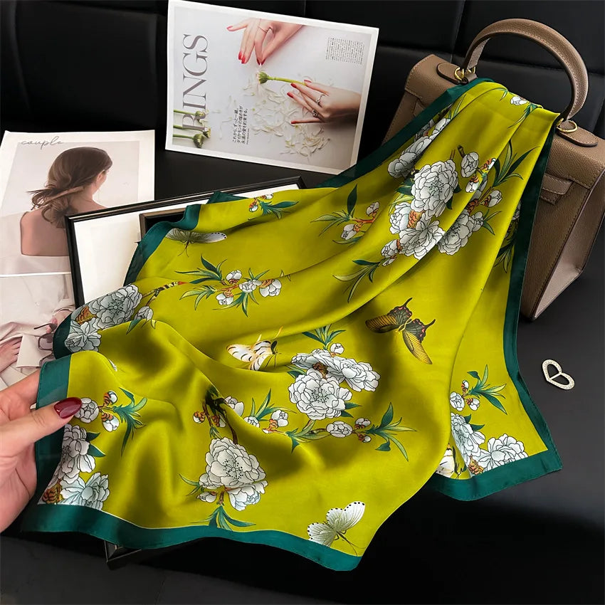 Imitated Silk Headcloth Fashion Flower Print Square Shawls Popular 70X70cm Bandanna Kerchief Sun Protection Silk Scarves Tie Bag