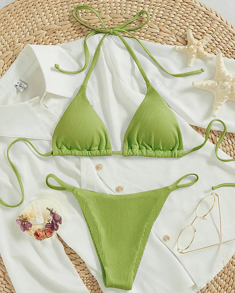11 Colors Women Sexy Simple Solid Halter Bikini Swimsuit High Waisted Lace Up Beach Bathing Suit Special Pit Stripe Fabric 2024