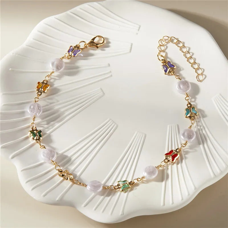 Exquisite Boho Candy Color Heart Shaped Crystal Bracelet for Women Fashion Charm Zircon Butterfly Pearl Metal Chain Bracelets