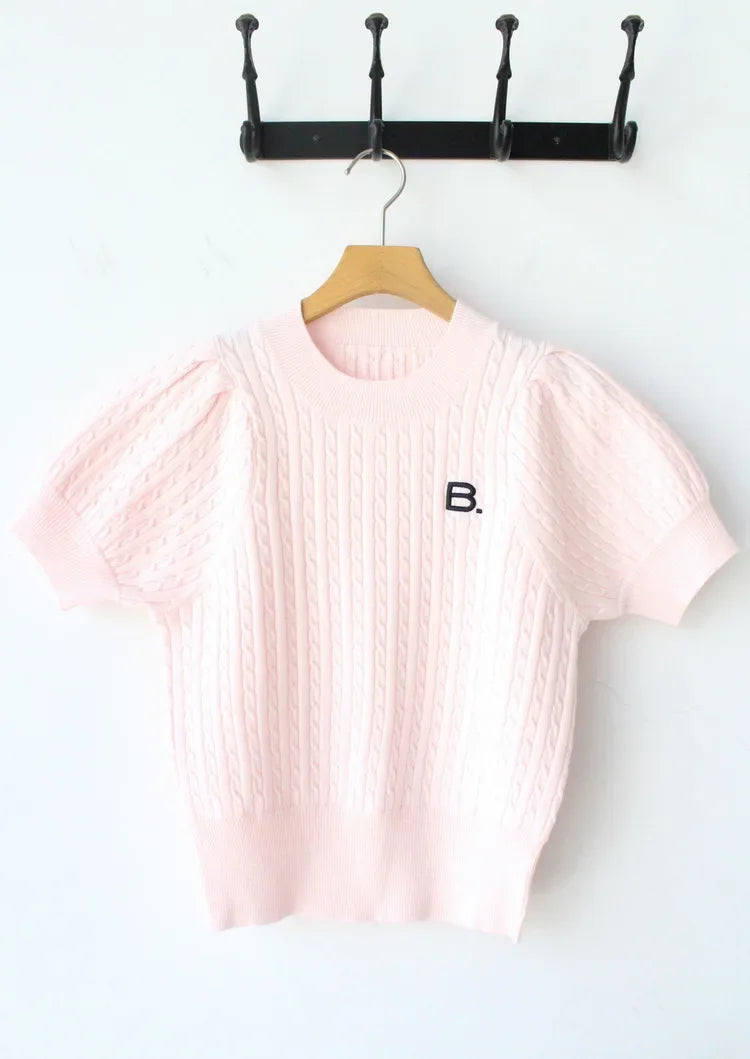 Japanese New Spring Ladies Sweet Bubble Short Sleeve Twist Knitted Top Sweater Letter Embroidered Pure Color Women's T-shirt