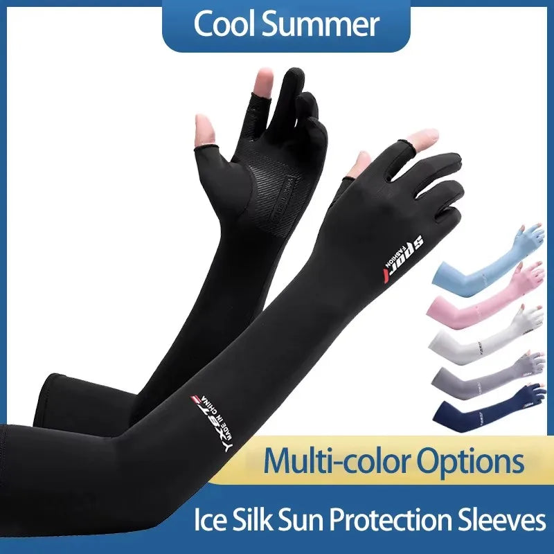 Ice Silk Sleeves Women Summer Sun Protection Men Fishing Cycling Breathable Two-Finger Non-Slip Gloves Arm Warmer Driving Sleeve