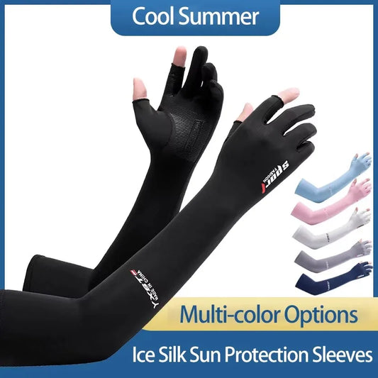 Ice Silk Sleeves Women Summer Sun Protection Men Fishing Cycling Breathable Two-Finger Non-Slip Gloves Arm Warmer Driving Sleeve
