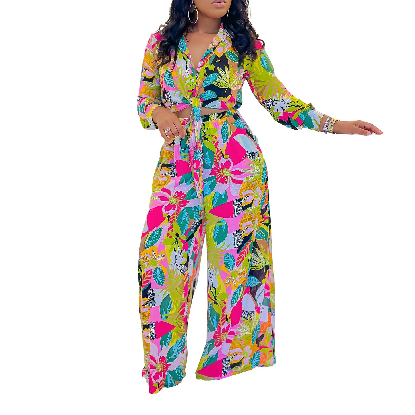 Women 2 Pieces Printed Pants Sets Blouse & Wide Leg Pants Floor Length Fashion High Street Wear Female Two Pieces Matching Sets