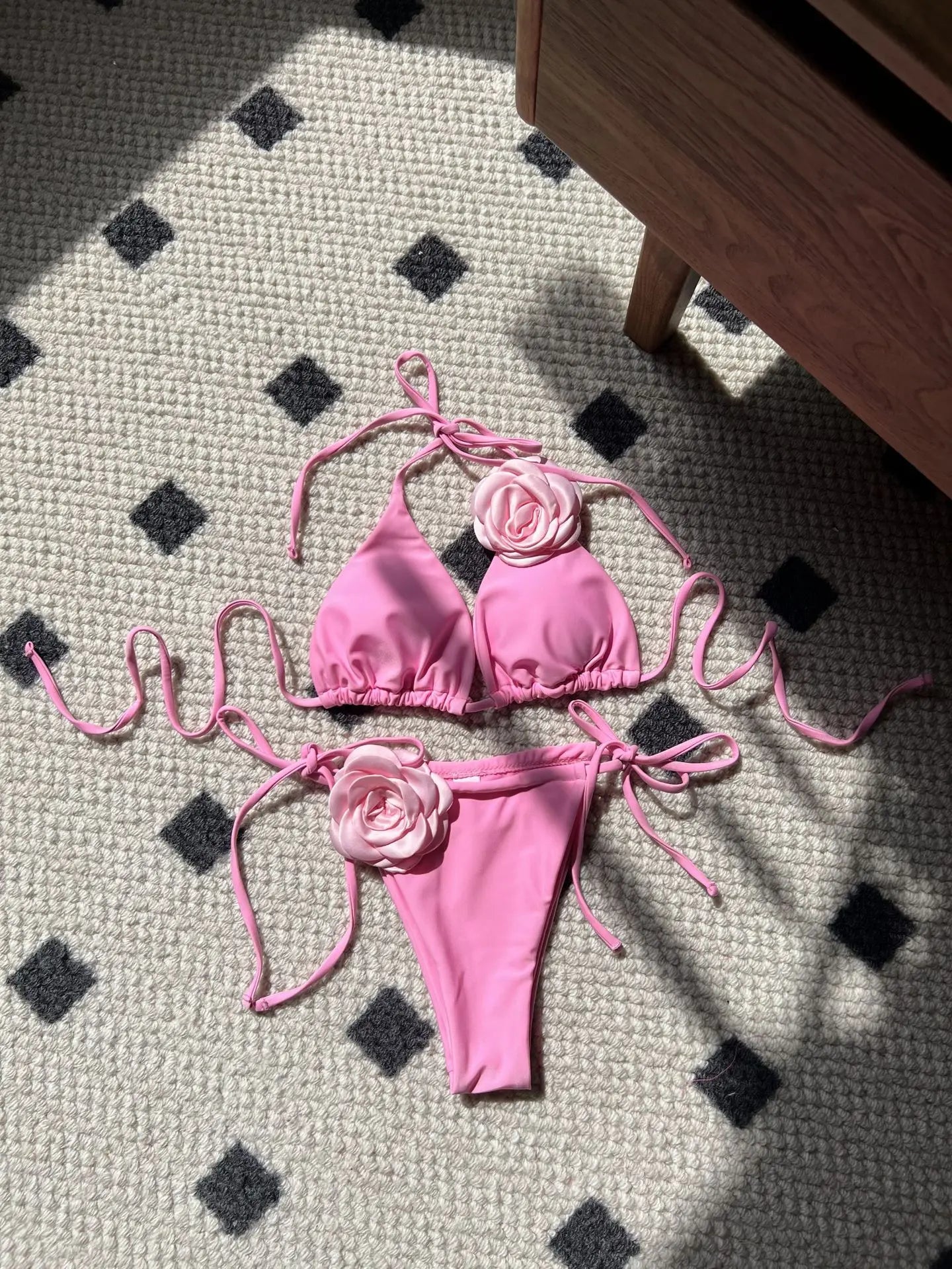 Sexy 3D Flower Black Triangle Bikinis Sets Micro Thong Swimsuit Women String Halter Bathing Suit Bikini 2025 Mujer Biquinis Swim