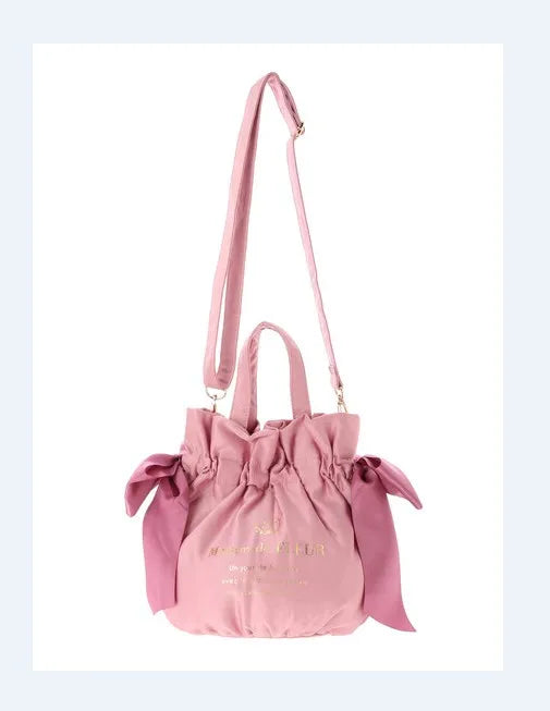 Japanese Style New Double-Sided Drawstring Bags Sweet Cute Girl Ladies Satin Bow Crossbody Shoulder Portable Handbag