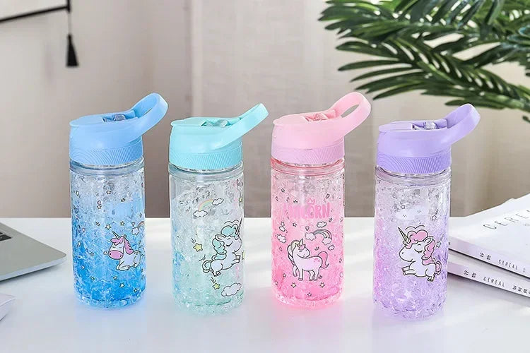 Stylish Double Straw Unicorn Ice Cup Summer Cold Drink Juice Coffee Water bottle Boy's Girl's Portable Plastic Cups Novelty Gift