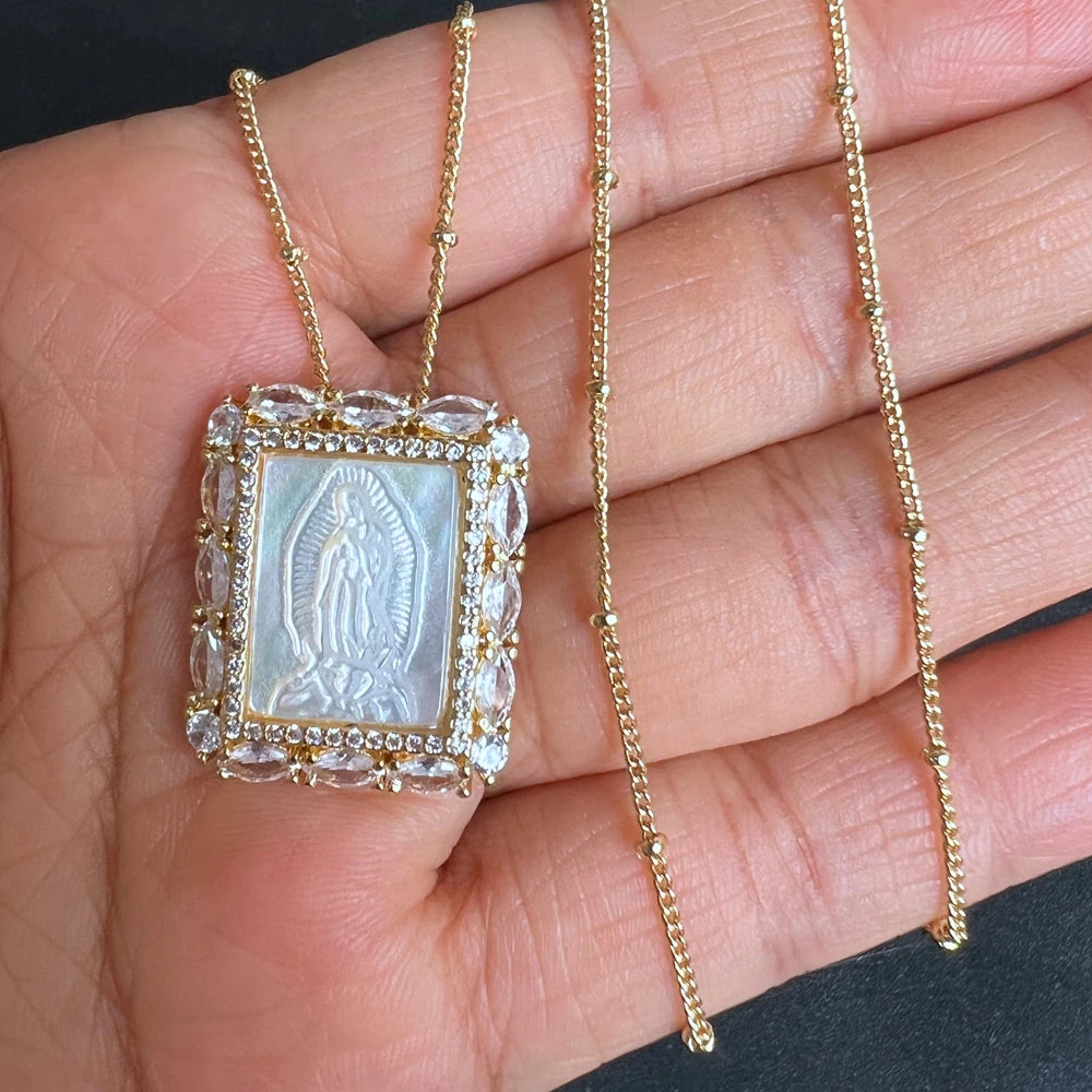 Natural Mother Pearl Shell Virgin Mary Guadalupe San Benito Charm Necklace Rectangle Religious Medals Necklace for Women & Gift