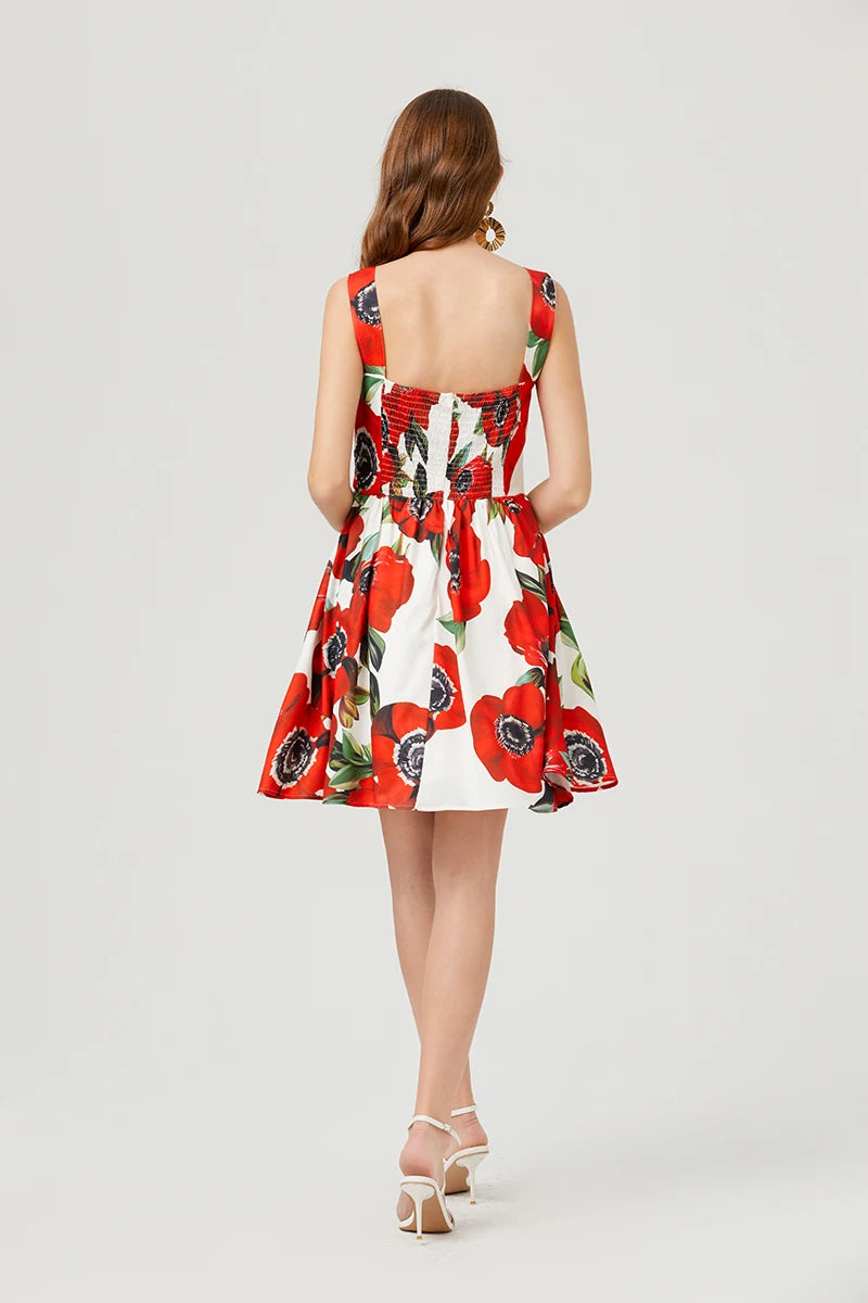 2024 Summer Fashion Short Boho Dress Women Mini Floral Print Dress Female Sleeveless Hanging Belt Printed Waist Folded Dress