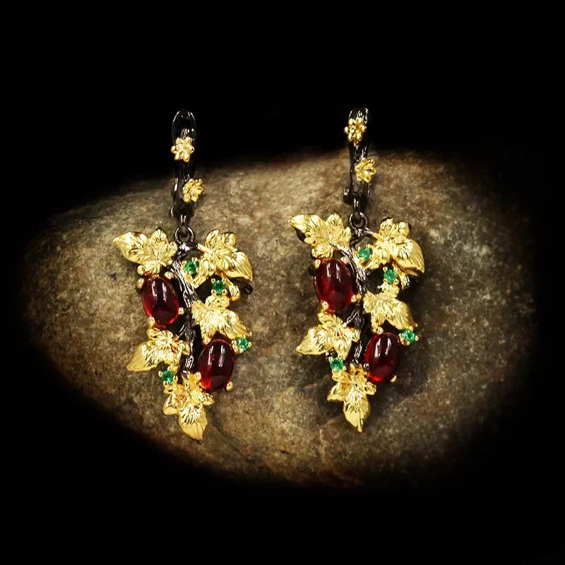 New Elegant Black Gold Ruby Pendant Flower Leaf 925 Silver Earrings Crystal Gemstone Ladies Jewelry Earrings Silver 925 Jewelry