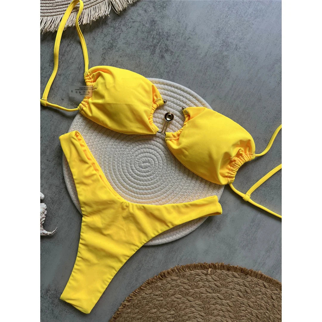 New Metal Ring Brazilian High Leg Cut Bikini Female Swimsuit Women Swimwear Two-pieces Bikini set Bather Bathing Suit Swim V6589