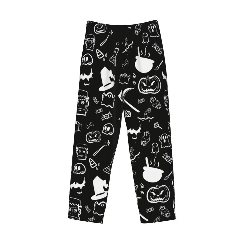 Custom Cute Spooky Halloween Bats Black And Purple Pajama Pants for Men Lounge Sleep Drawstring Sleepwear Bottoms with Pockets