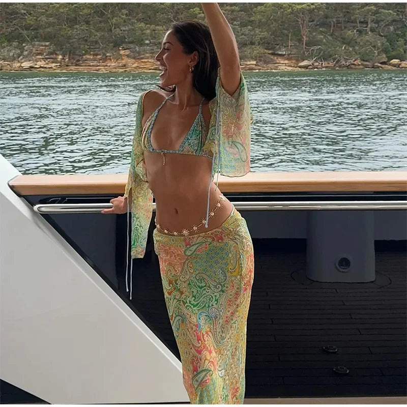 Beach Printed Bikini Skirts Set Women's Sexy Backless Sleeveless Lace-up Swimwear Long Skirt 2025 Summer New Lady Vacation Suit