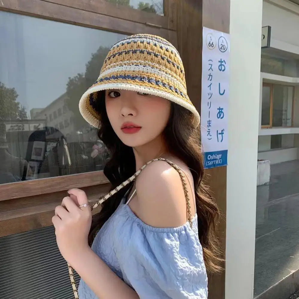 Summer Hollow Knitted Hollow Fisherman Caps Sun Protection Straw Bucket Hat Breathable Crochet Beach Cap Wide Brim Sun Hat