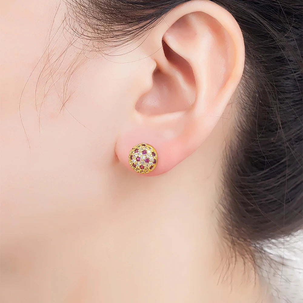 Nidin Korean Fashion Round Shape Pave Colorful Zircon Charm Stud Earrings For Women Birthday Party Ear Jewelry Delicate Gifts