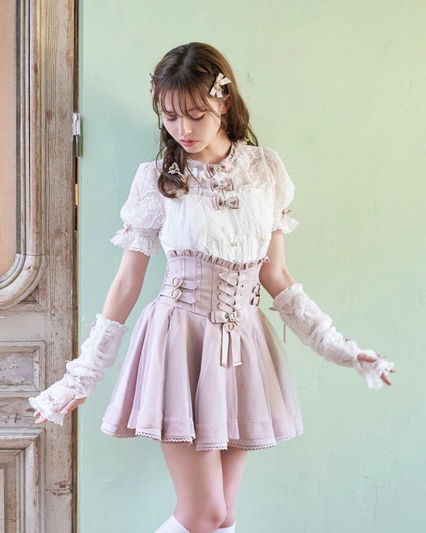 Japanese Liz New Summer Lace Edge Leather Ring High Waist Pleated Skirt Ribbon Bow All-match Short Skirts Big Bow Lolita Blouses