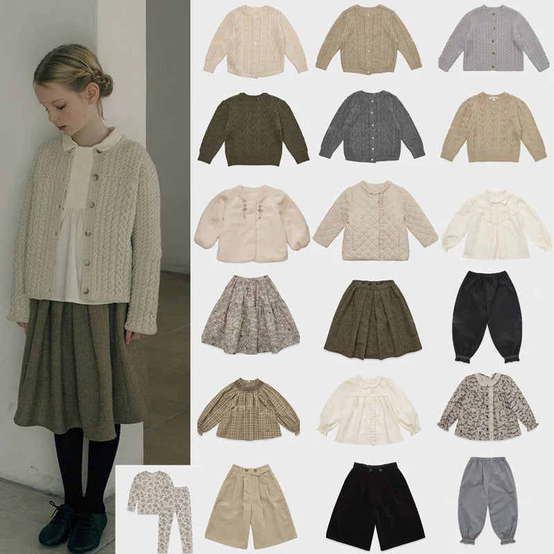2025 Lou Autumn Girls Blouse and Skirts Set Vintage Kids Sweaters Knitted Cardigan Casual Pant Winter Warm Outwear Coats Suit