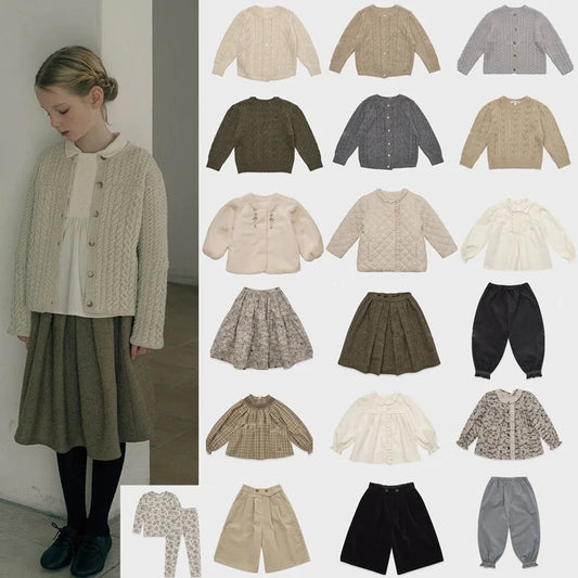 2025 Lou Autumn Girls Blouse and Skirts Set Vintage Kids Sweaters Knitted Cardigan Casual Pant Winter Warm Outwear Coats Suit