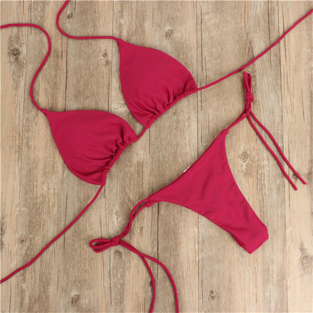 Women's swimsuit Bikinis Set Women Sexy Pink Bandage Ladies Thongs Solid Two Piece Suit Female купальник traje de baño mujer