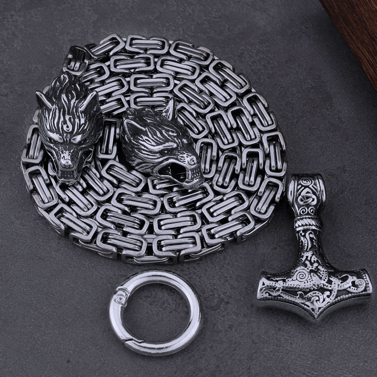 Men's Stainless Steel Viking Celtic Wolf Amulet Thor's Hammer Necklace Set Retro Trend Jewelry Accessories Gift