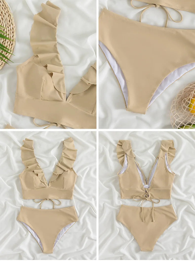 Solid Color Sexy V-neck Ruffle Bikini 2024 Women 2 Piece Swimwear Push Up Padded High Waist Swimsuit Summer Beach Bathing Suit
