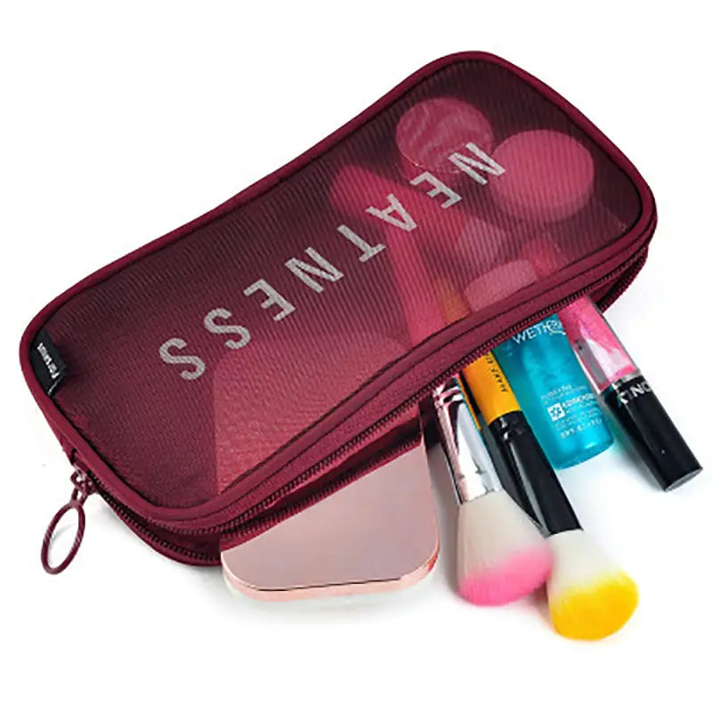 Transparent Mesh Makeup Bag Women Travel Toiletry Wash Cosmetic Bag Storage Case Letter Printed Zipper Make Up Bags 3 Size