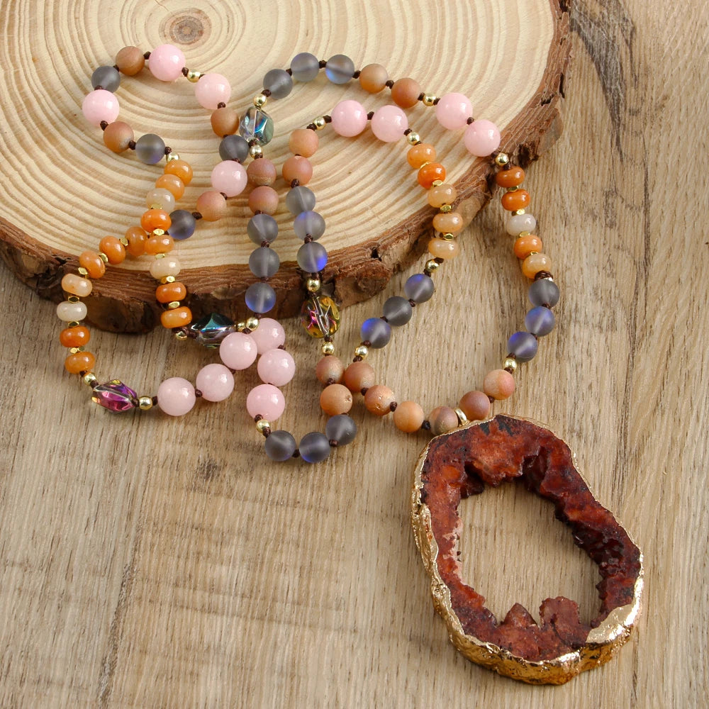 RH 2025 New Fashion Bohemian Style Natural Stone Glass Hematite Knotted Exaggerated Irregular Multicolor Druzy PendantNecklace