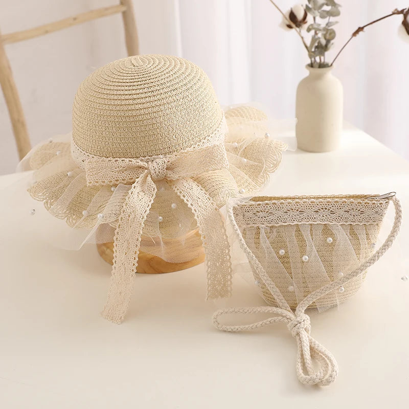 Kids Girls Wide Brim Straw Woven Cap Sun Protection Beach Hat Lace Pearl Summer Floppy Bucket Cap Portable Handbag панама